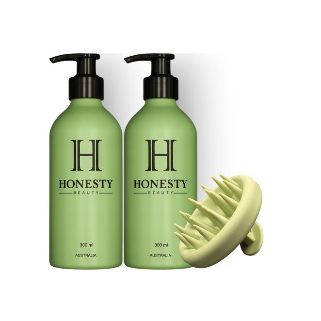 Two green bottles with pump dispensers and a yellow scrubber on a white background, featuring the brand 'Honesty Beauty'.