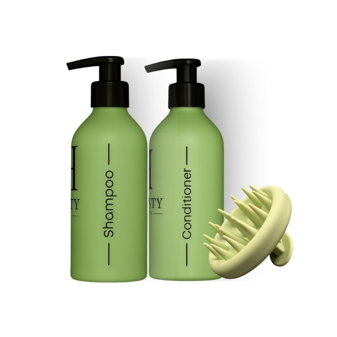 Two green bottles with pump dispensers and a yellow scrubber on a white background, featuring the brand 'Honesty Beauty'.